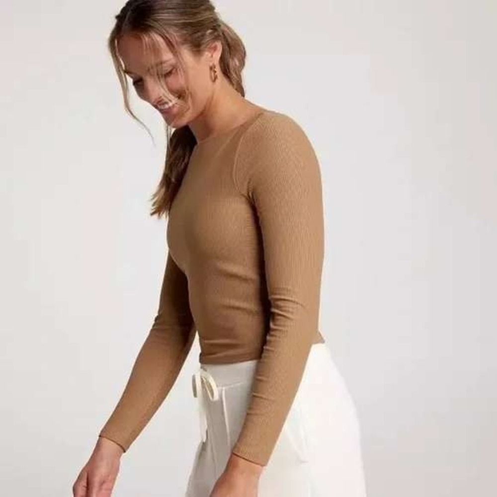 Calia Rib Boat Neck Long Sleeve‎ Tan Brown Ribbed Top Women's Size Small